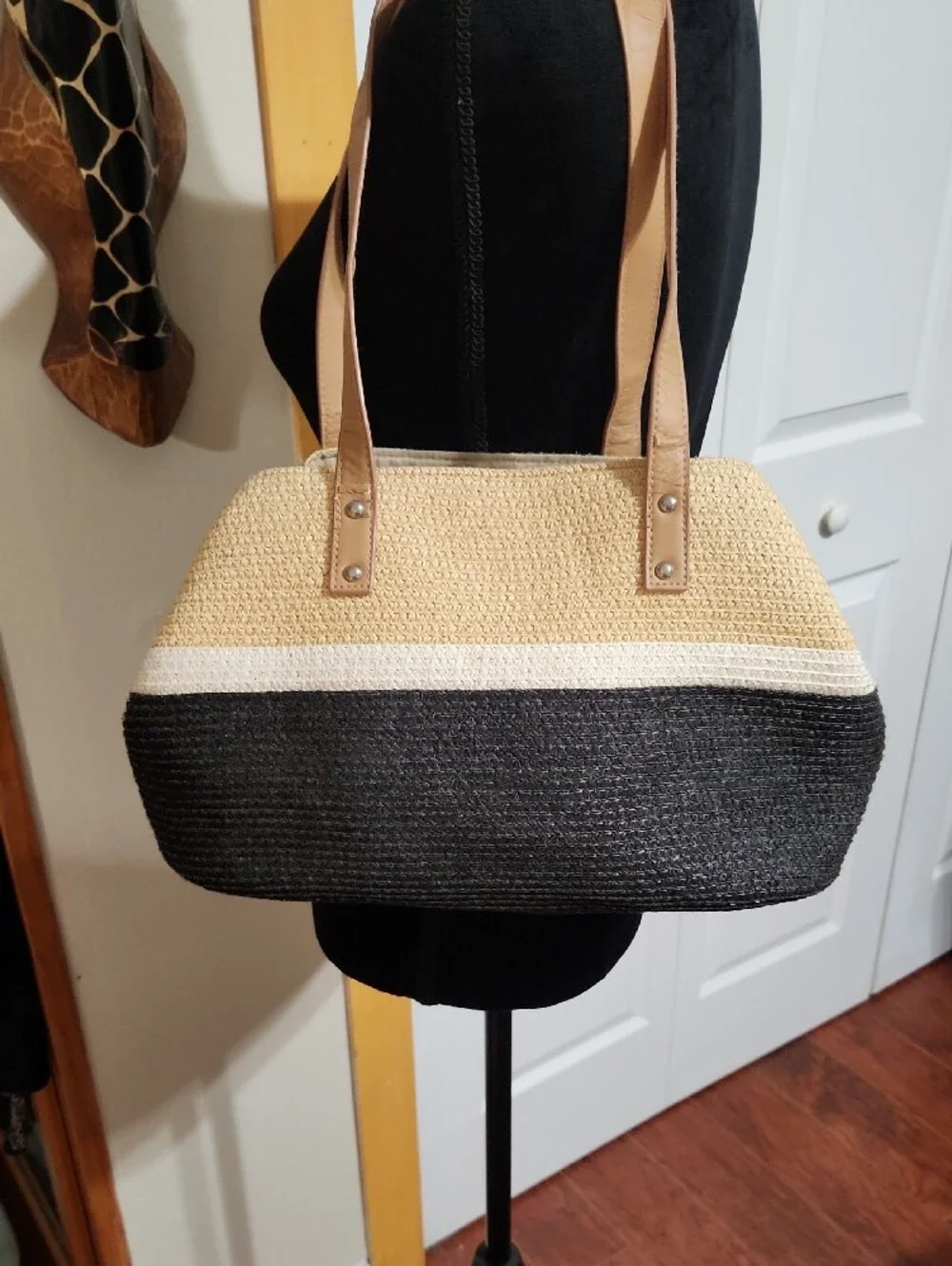 Neutral Colorblock Straw Tote Bag with Tan Handles